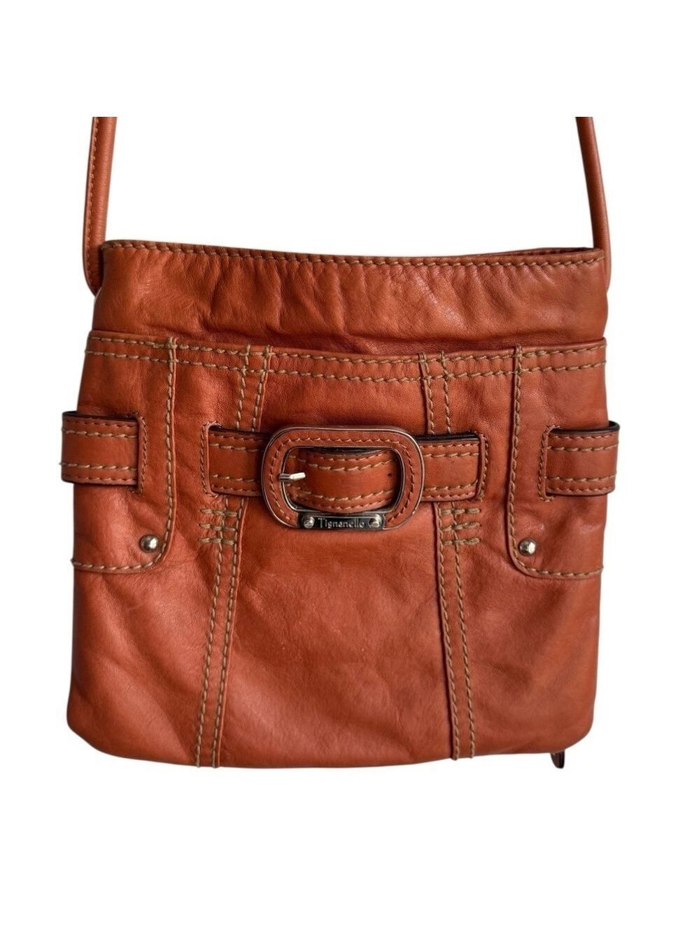 Tignanello Leather Crossbody Bag Small Orange Travel Purse Card Organizer EUC